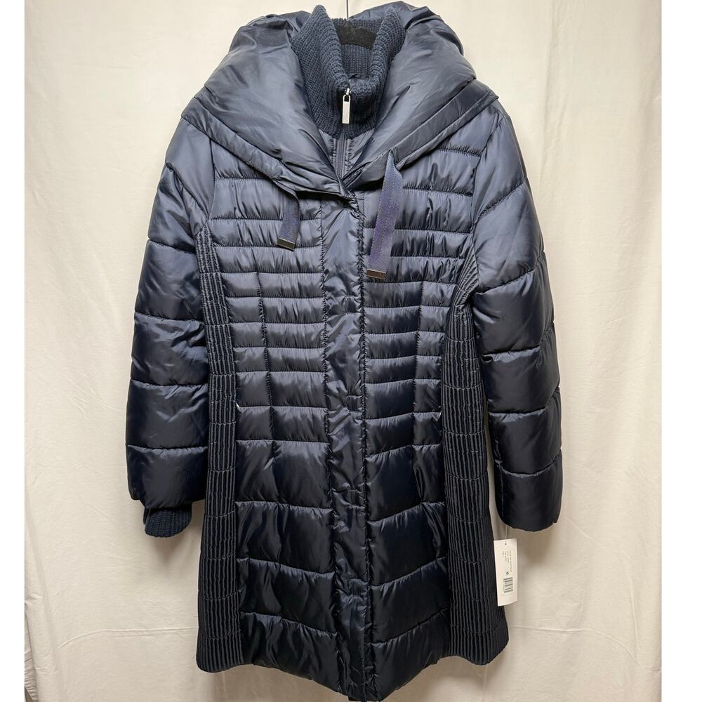 French Connection Water Repellant Full Zip Quilted Coat, Navy Blue, Large - NEW